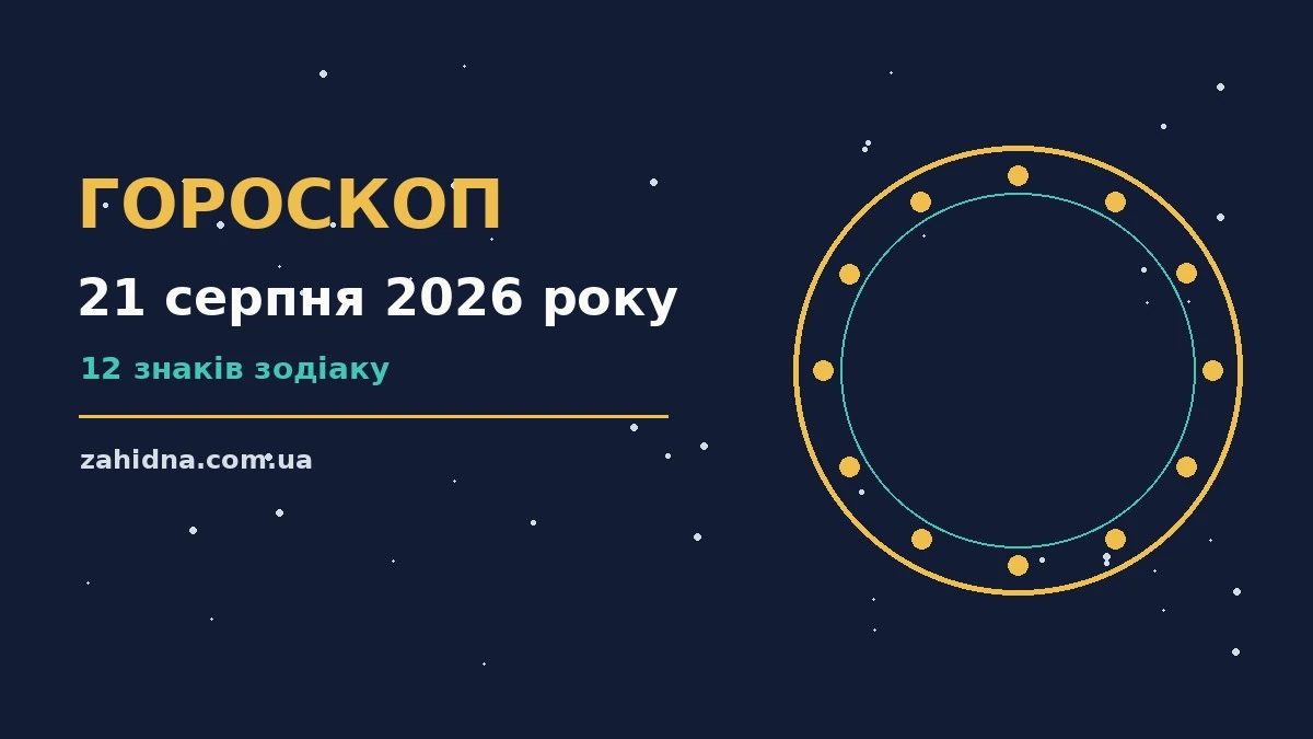 Зодіакальні символи на тлі вечірнього неба, ілюстрація до гороскопу на 21 серпня 2026 року