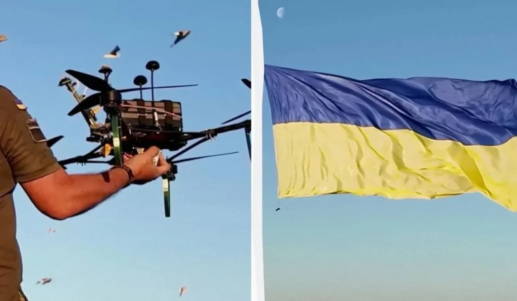 Величезний синьо-жовтий прапор України, розгорнутий безпілотником над акваторією Чорного моря
