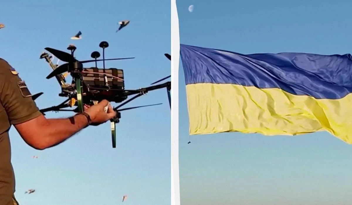 Величезний синьо-жовтий прапор України, розгорнутий безпілотником над акваторією Чорного моря